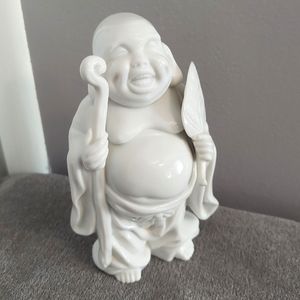 Traveling Buddha Figurine Statue Leaf Staff White Spiritual 6" Ceramic
